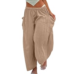 Cotton Linen Pants Women - Patchwork Baggy Pants Drawstring Casual Elastic Waist Wide Leg Pants Beach Pants with
