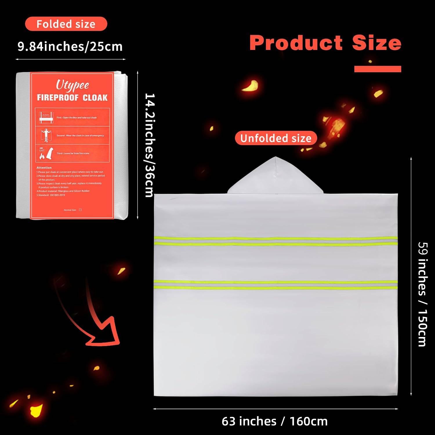 Capa ignífuga de emergencia con capucha, manta ignífuga de fibra de vidrio recubierta de silicona plateada, 59 x 47 pulgadas, cubierta de seguridad resistente al calor para escape, manta