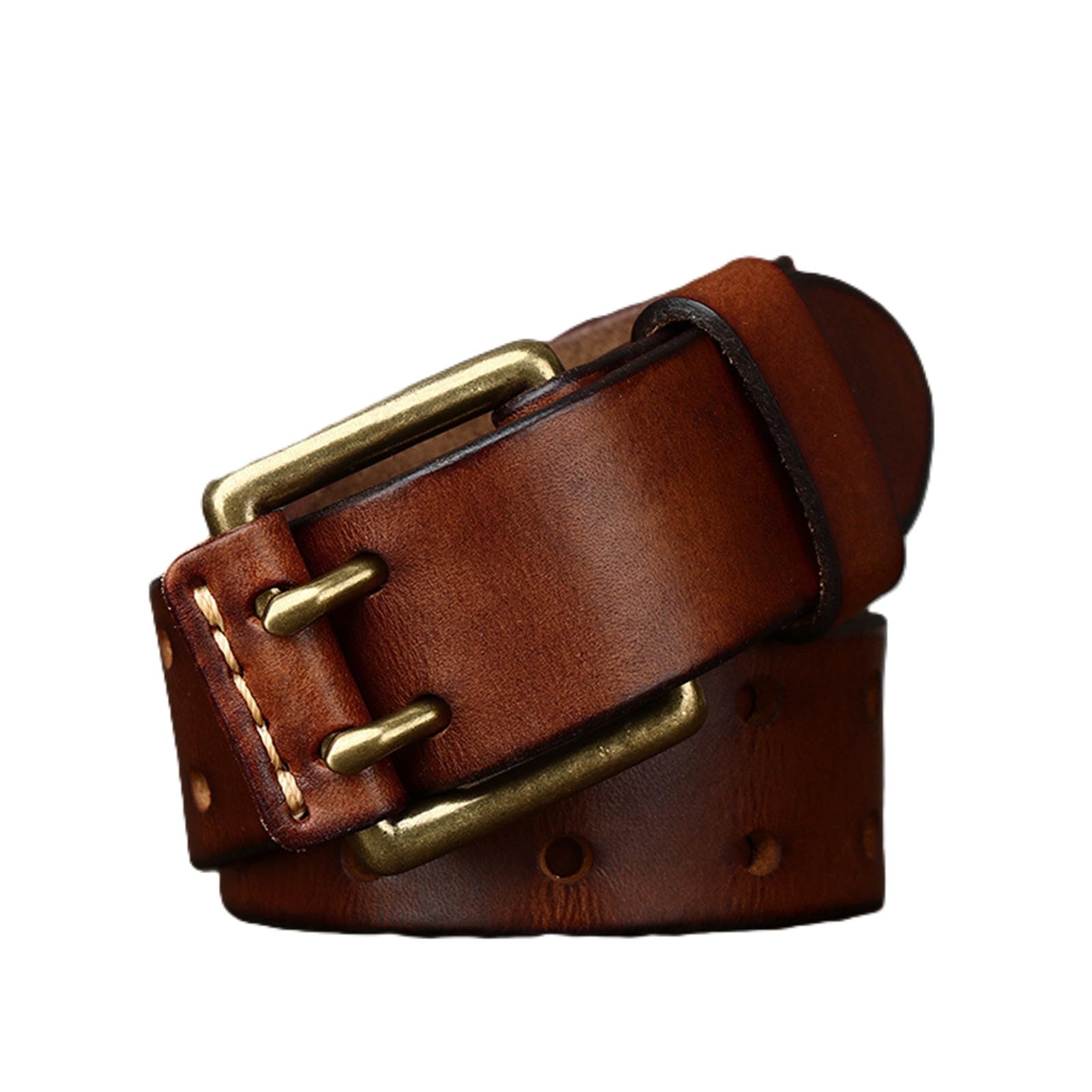 Générique Fait Main Ceinture en Jean Largeur 3,8cm, épaisseur 4mm Sangle en Cuir De Vachette Boucle Ardillon à Double à Rouleau Dorée en Cuir(105cm/41, Brown)