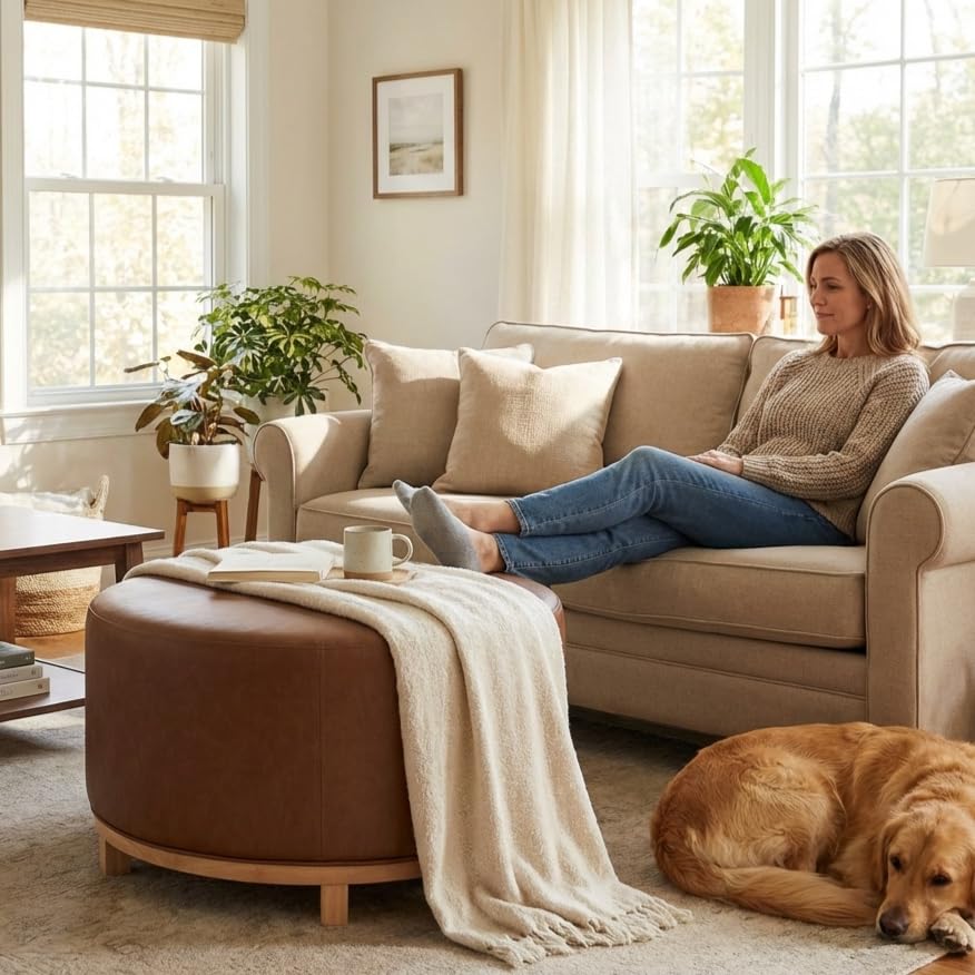 Image of HomePop 32 inch Haven Ottoman with Wood Base - Chestnut Brown Faux Leather
