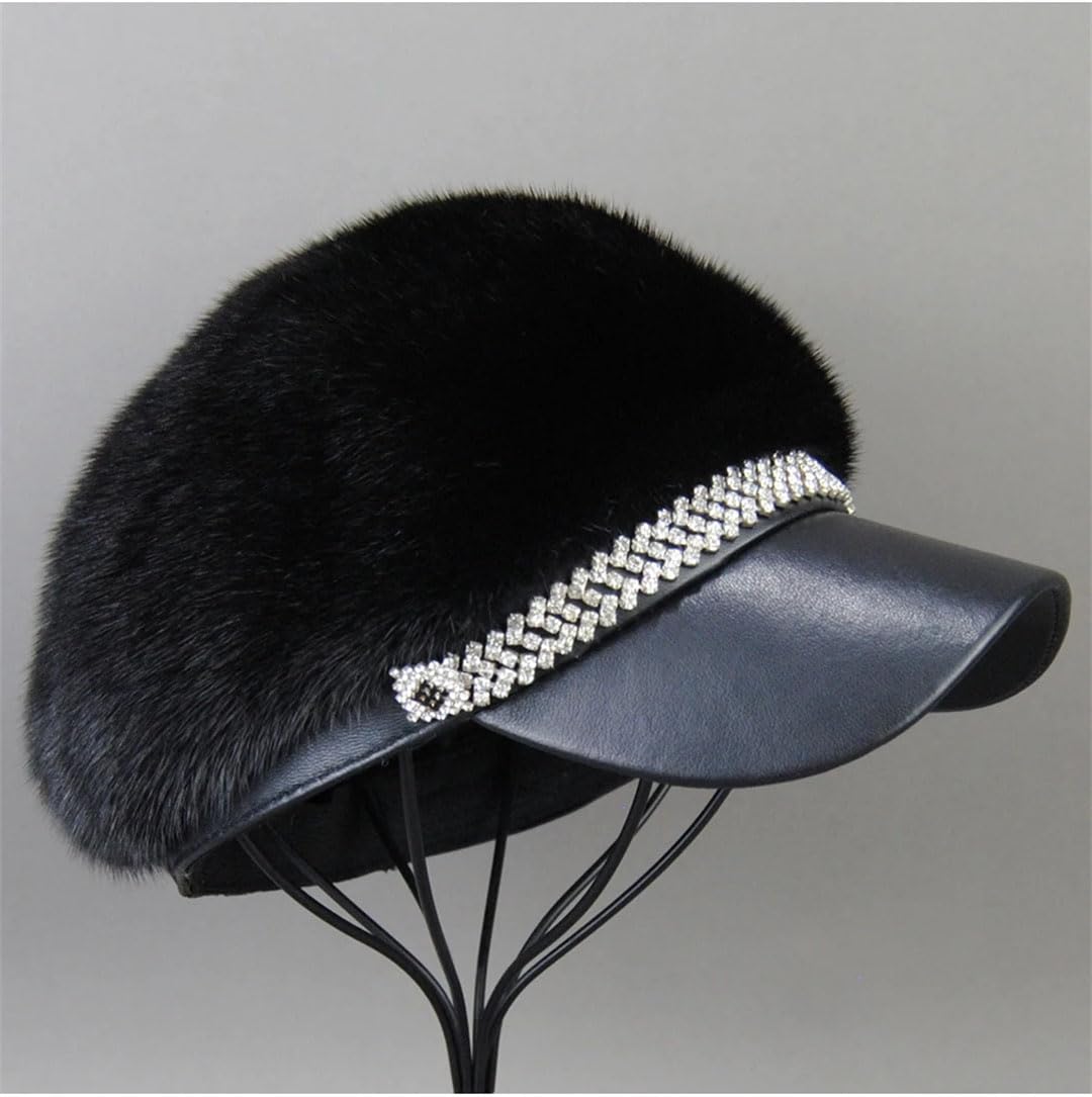 Gorros de invierno de piel de visón real de piel de visón para mujer, cálidos y naturales, viseras de piel de visón, gris (Gray9 2), Talla única