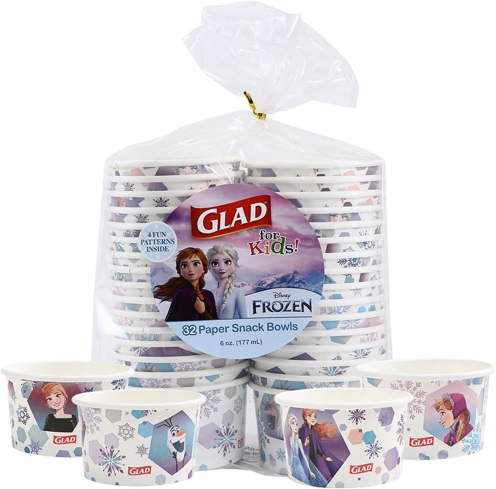 Glad for Kids Disney Frozen Disposable Paper Snack Bowls, Lids Not Included, Anna and Elsa - Heavy Duty, Microwavable, Disposable Snack Cups for Soup or Ice Cream, 6 Ounce, 32 Count