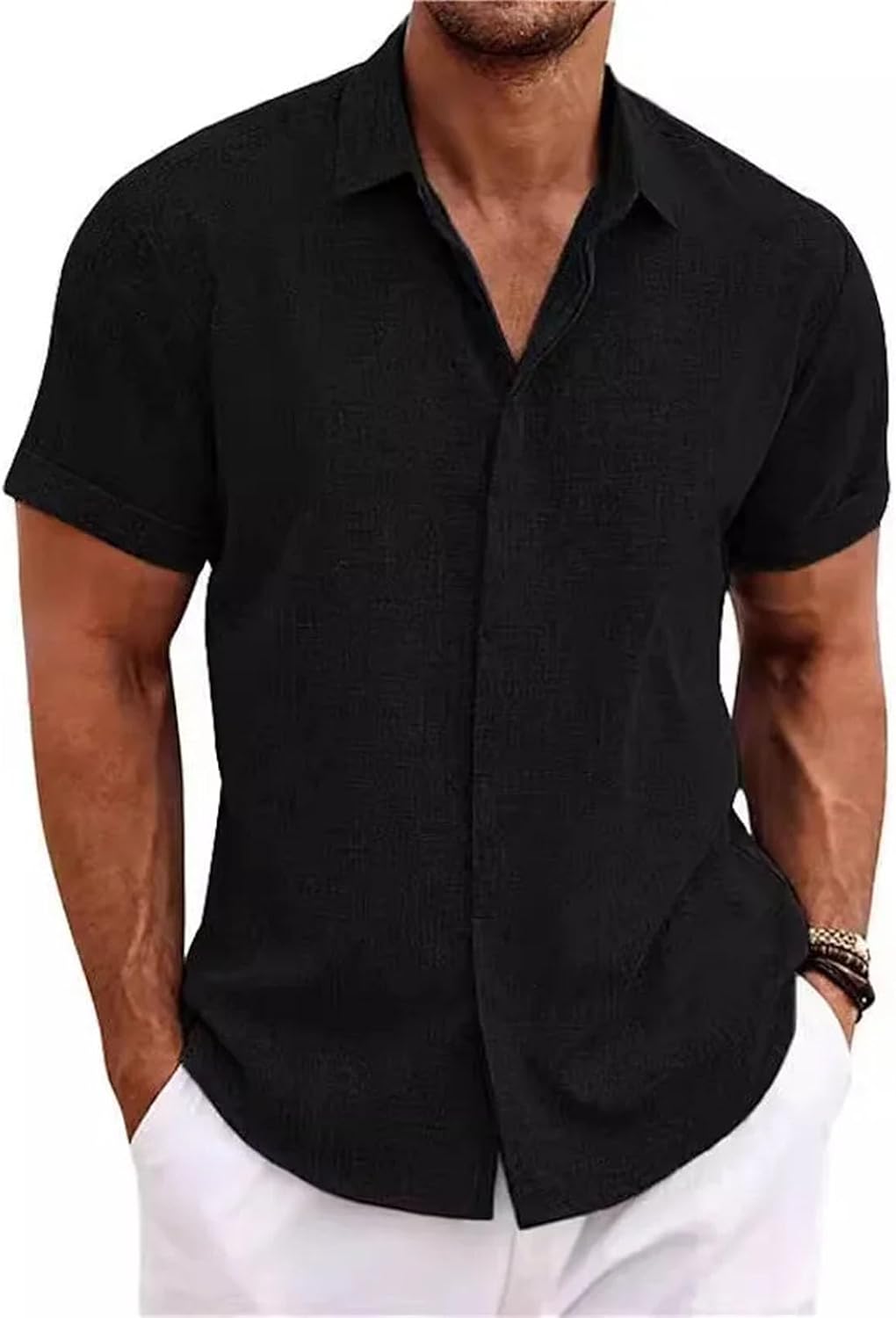 Men's White Shirt Short-Sleeved Cotton Linen Comfortable Solid Color Basic Top Casual Black Button Blouses for Male