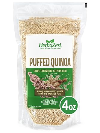 HerbaZest Puffed Quinoa 4 oz Pure & Nutritious Vegan & Gluten-Free Soft & Light Ideal for Yogurt & Oatmeal, Smoothie Bowls, Snacks & Desserts, Salads & More