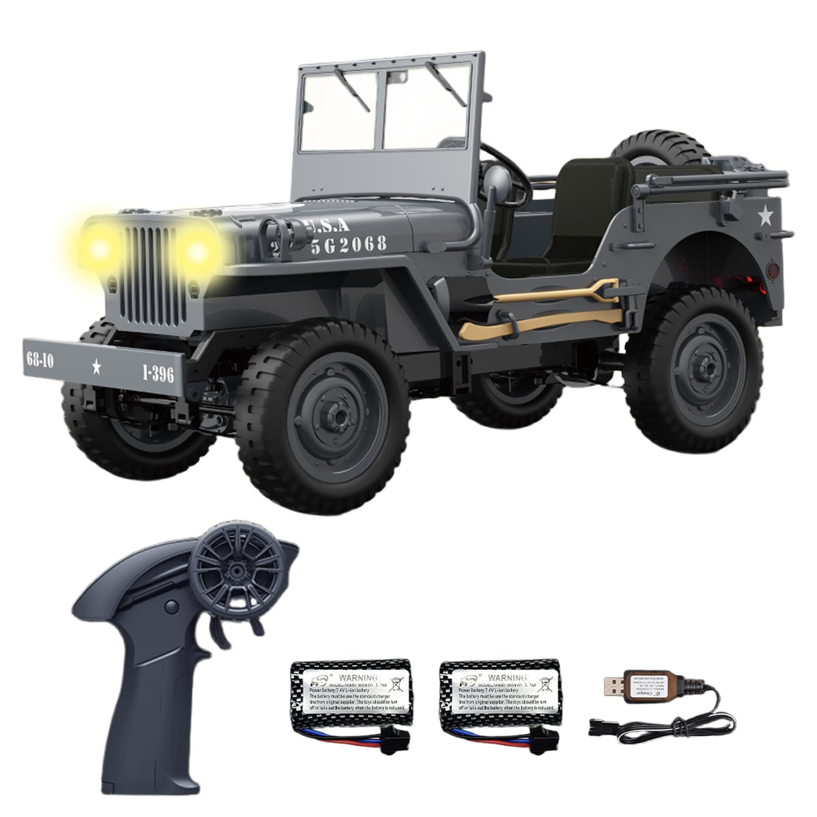 Hylukon 1/10 Scale Remote Control Car, 2.4Ghz Willys Off Road RC Jeep with Linked Lights, 4WD All Terrain Rock Crawler Military Truck Toy RTR Hobby RC Car for Teens Adults (2 Batteries)