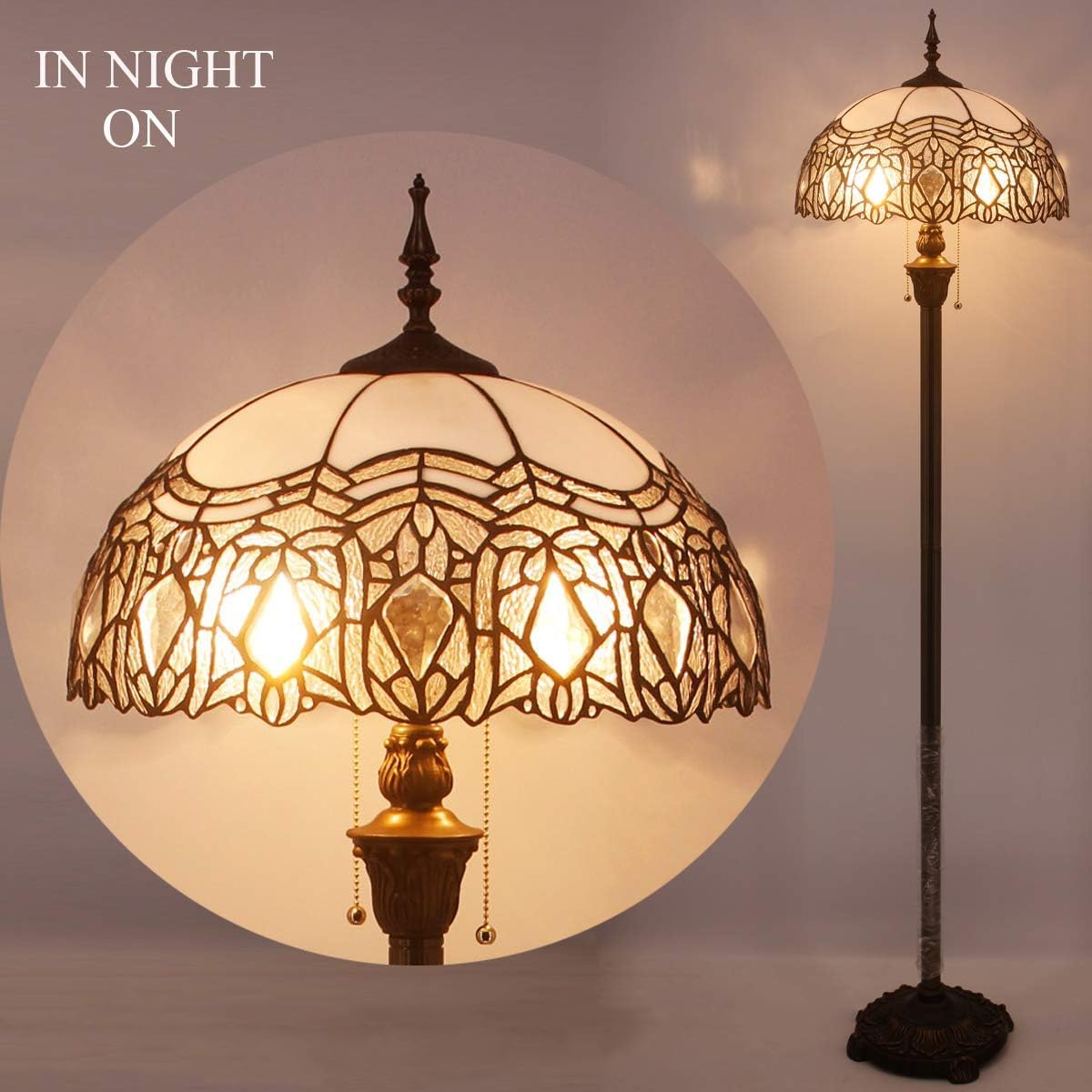 WERFACTORY Tiffany Floor Lamp Crystal Bead White Stained Glass Standing Reading Light 16X16X64 Inches Antique Pole Corner Lamp — view 3