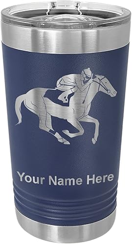 LaserGram Vaso de pinta aislado al vacío de 16 onzas, carreras de caballos, grabado personalizado incluido (azul marino)