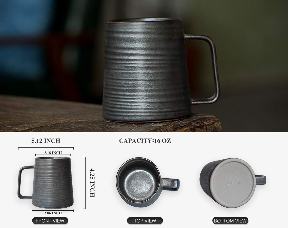 Onе-Dау Sаlе: Uр tо 60% оƒƒ Globe Faith Large Unique Ceramic Coffee Mug, Rustic Handmade Stoneware Coffee Cup, Big Office Artistic Pottery Tea Cup, Personalized Porcelain Teacup, Annular Texture Metallic Black Glaze 16 oz