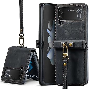 for Samsung Z Flip 5 5G Luxury Case Lanyard Armor Leather Back Panel Cover for Samsung Galaxy Z Flip4 Case Z Flip5 Flip 4 Cover,Black,for Samsung Z Flip 5