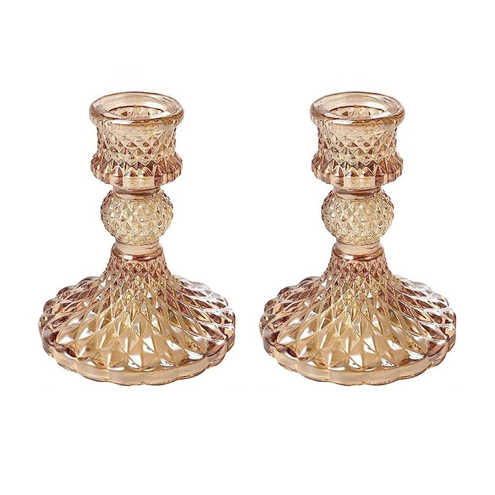 Candlestick Holders 2Pcs, Taper Candle Holders Glass, Candle Pillar Stands for Table Mantel Wedding Housewarming Gift Home Decoration Gold