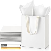 Yeaqee 24 Pcs 12 Sets Wedding Gift Bags with Metallic Markers Tissue Paper, 9 x 7 x 3.15 Personalized DIY Ribbon Handle Gift Bags for Valentines Birthday Shopping Bridal Baby ShowerWhite, Beige