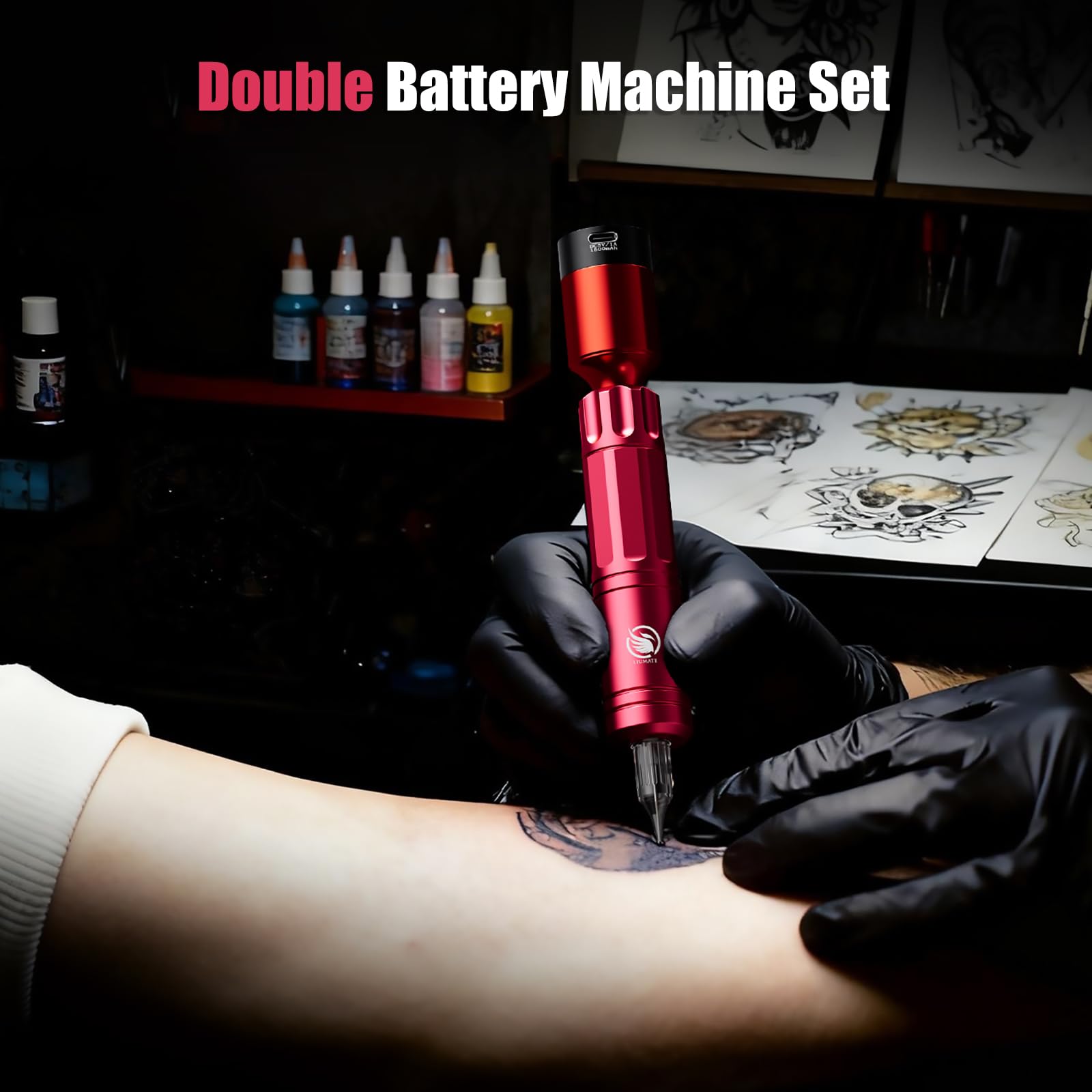 Drahtloser Pen Maschine Set mit 2 Stück 1500mAh Batterie 10 Stück Nadel 10 Tinten Komplette Zubehörteile für Anfänger