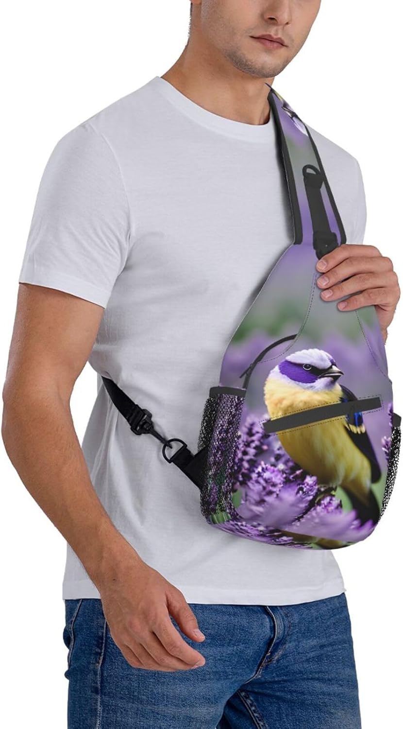 Bird in Purple Lavender Floral Flowers Print Stylish Sling Backpack, Sling Bag,Chest Bag Daypack, for Hiking, Travel, and Business
