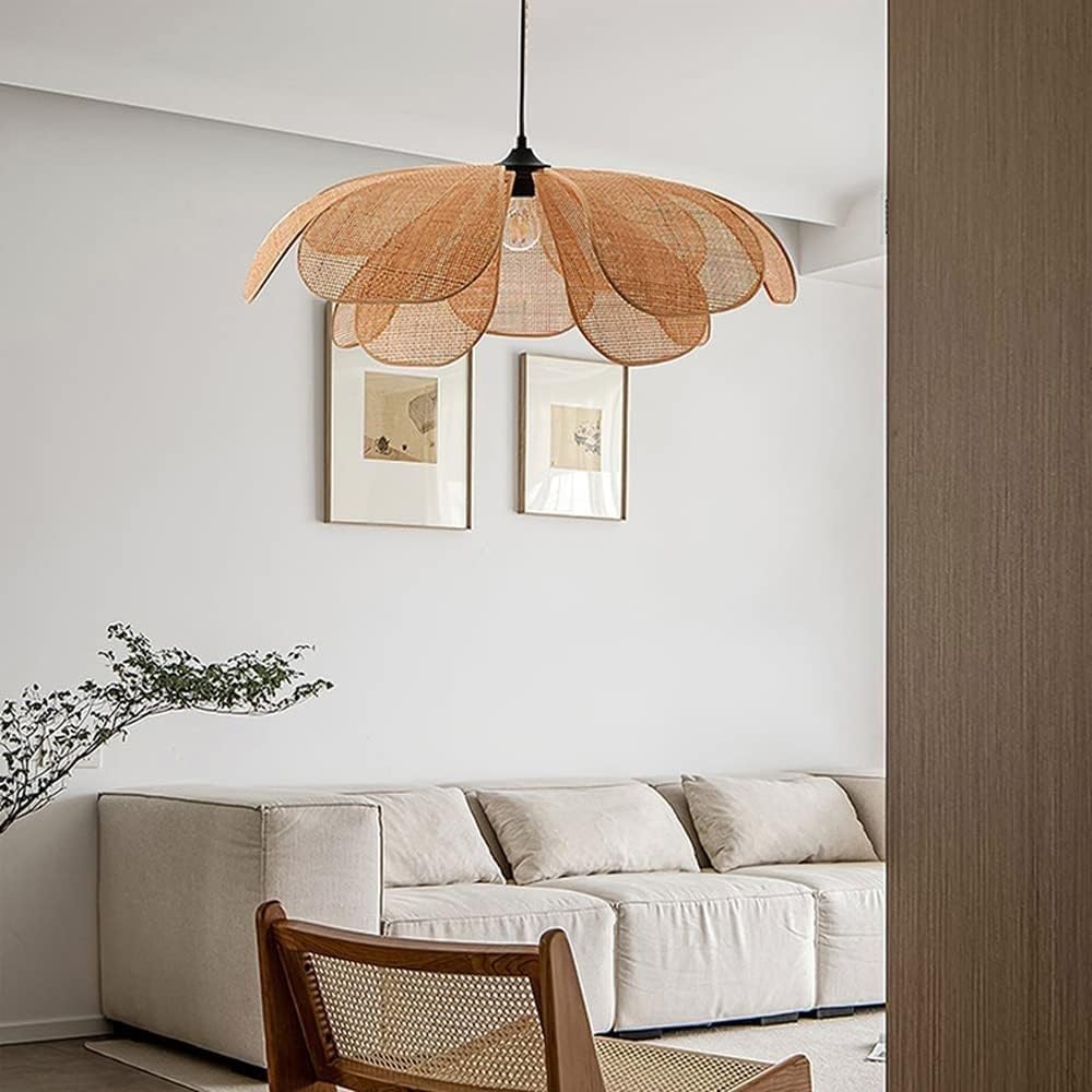 Duża antyczna lampa wisząca z bambusa, pleciona wiklinowa lampa sufitowa w stylu art deco z regulowanym sznurkiem, do dekoracji jadalni, salonu, restauracji i baru (80 cm)