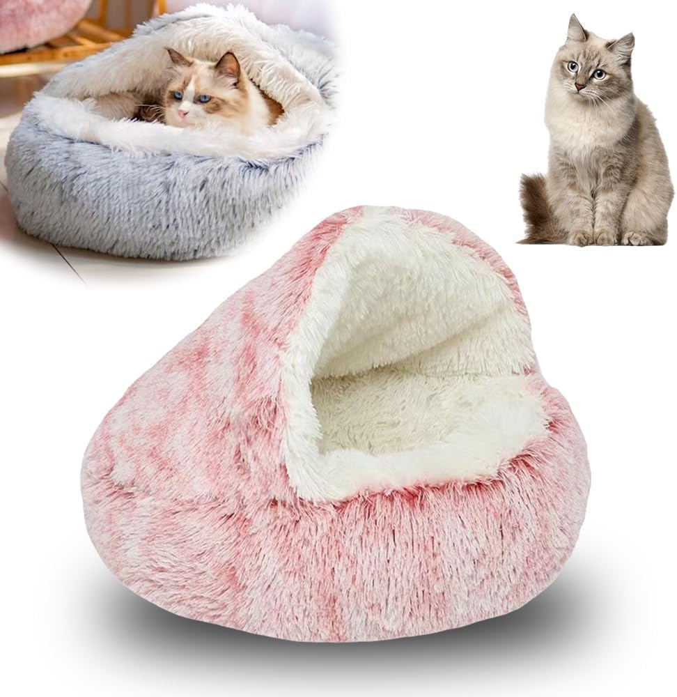 2026 New Plush Cat Nest Bed Cave, Cat Beds for Indoor Cats, Cozy Fluffy Pet Bed, Portable Round Plush Hooded Cats Cave, Washable Soft Puppy Bed for Pet Owners (Pink, Medium)