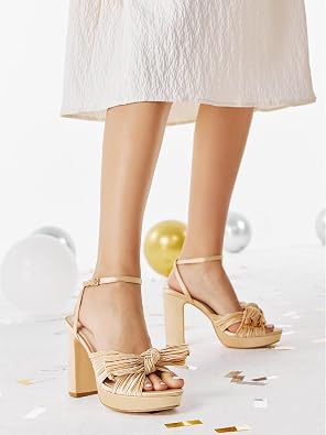 VETASTE Women's Pleated Bow Knot Platform Heeled Sandals Open Toe Chunky Block Heel Ankle Buckle Strap Bridal Wedding Dress Shoes