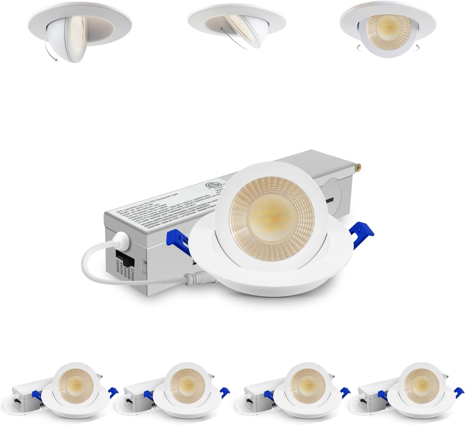 Adetu 2 Inch 5CCT Gimbal Led Recessed Lighting with Junction Box, 360°+90° Adjustable Eyeball Canless Light, 2700K/3000K/3500K/4000K/5000K Selectable, 5W Eqv 50W, 550LM Brightness - ETL(White, 4 Pack)