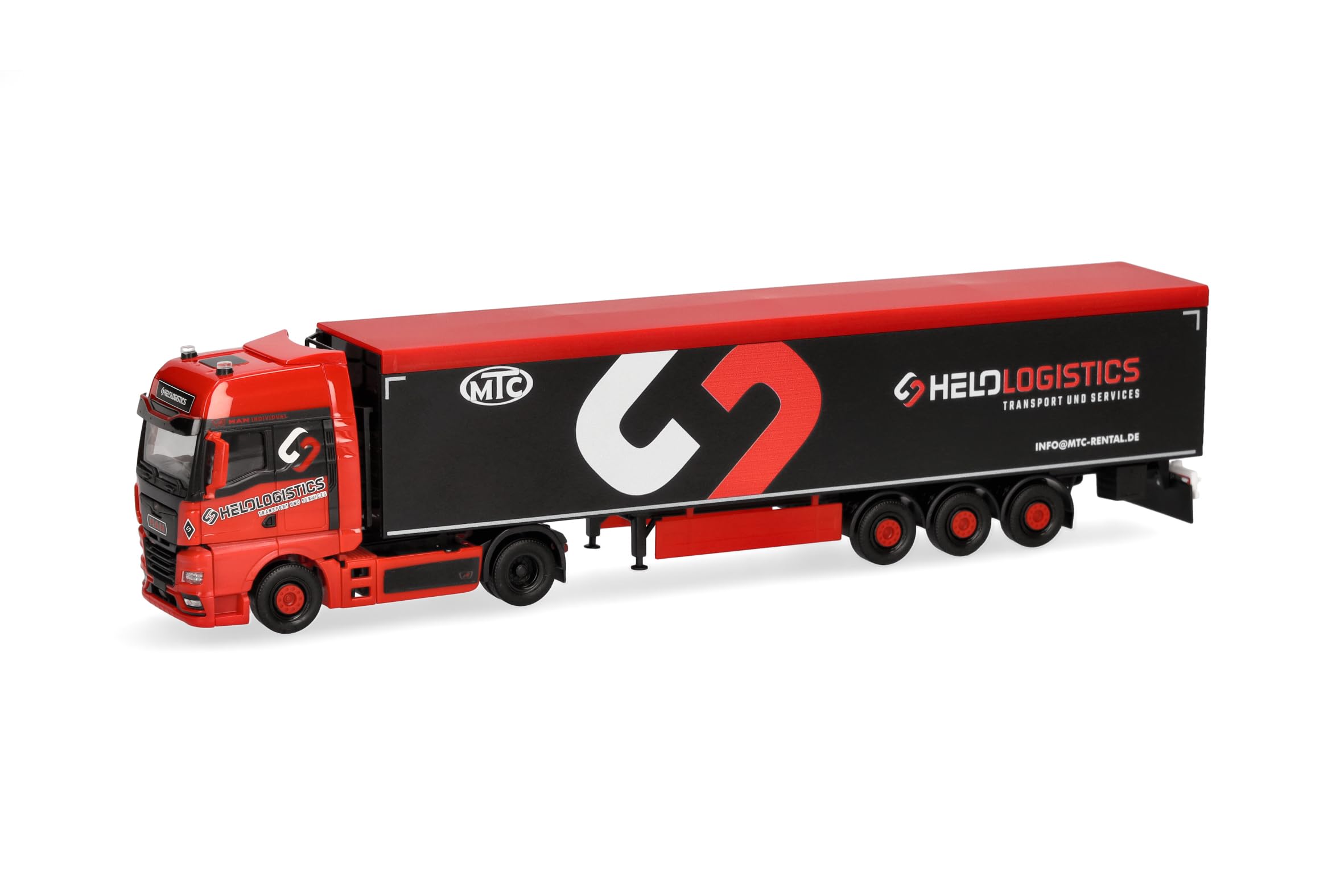 Herpa Model ciężarówki MAN TGX GX naczepa z ruchomą podłogą "Helo-Logistik", miniatura w skali 1:87, kolekcjonerski, Made in Germany, plastik