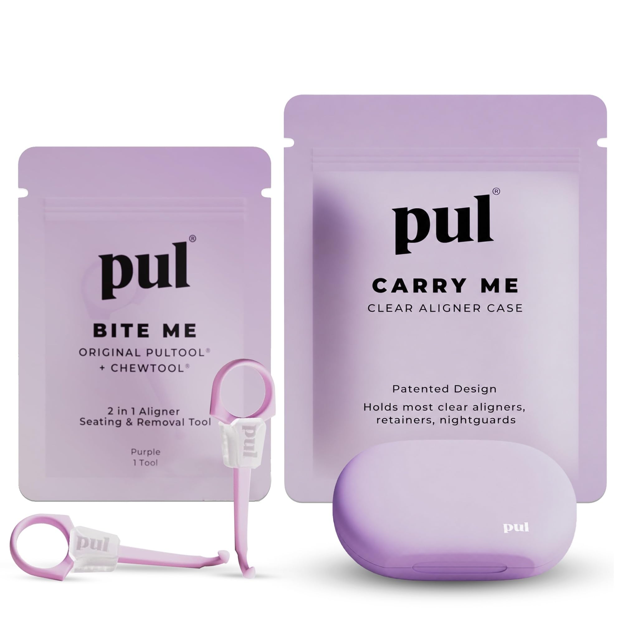 PUL Aligner Care Convenience Kit – Case + 2-in-1 Tool for Invisalign, Retainers, Partial Dentures, Mouth &amp; Night Guards &amp; More – Purple Case &amp; 2-Pack of Purple Aligner Seating Chewie &amp; Removal Tool