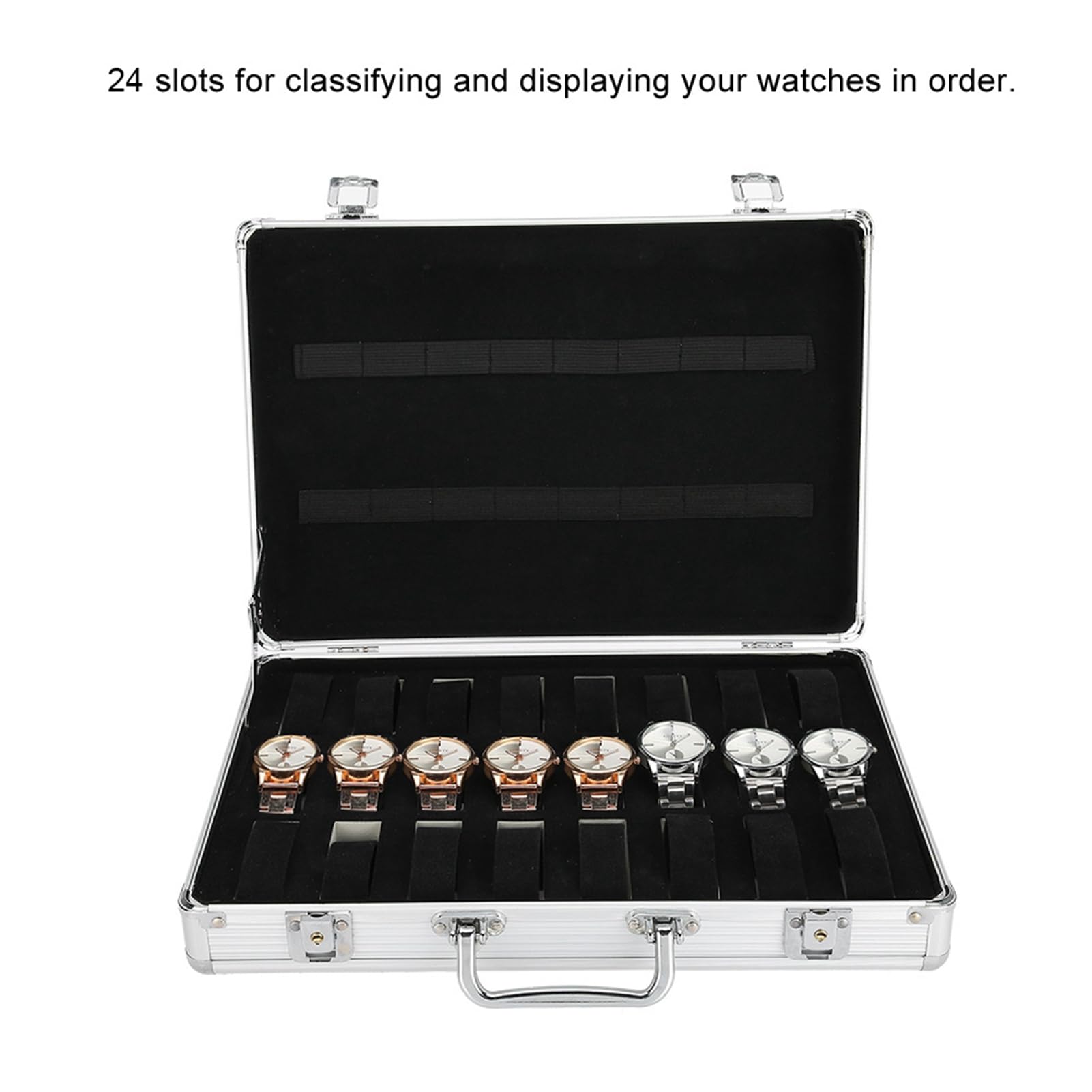 Scatola porta orologi per 24 orologi, una cassa per orologi in lega di alluminio con chiusura a chiave, parte superiore trasparente e morbidi cuscini, l'ideale