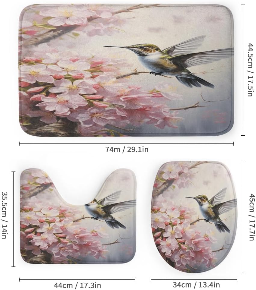 Vintage Hummingbird Waterproof Shower Curtain Set (72x72 Inch) with Non-Slip Bath Rugs, 4 Piece Colorful Flowers Nature Birds Bathroom Set Includes U-Shaped Mat & Toilet Seat Cover