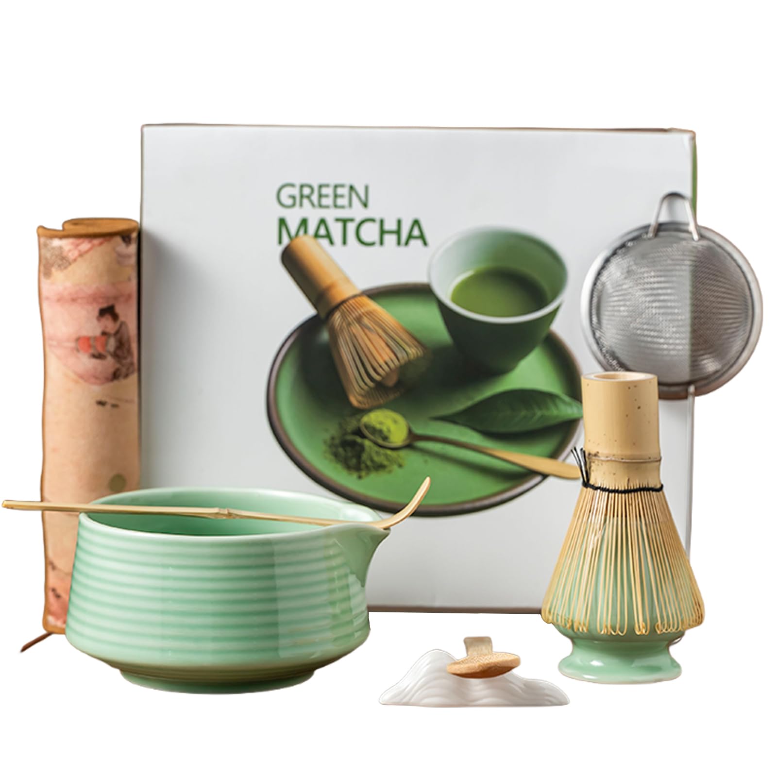 8PCS Matcha Whisk Set,Green Matcha Set Bamboo Matcha Whisk Ceramic Bowl