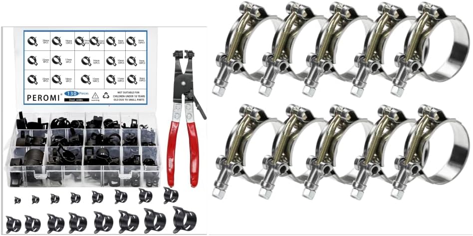 130Pcs 6-25mm Spring Band Hose Clamps &PEROMI 10Pack T Bolt Hose Clamp