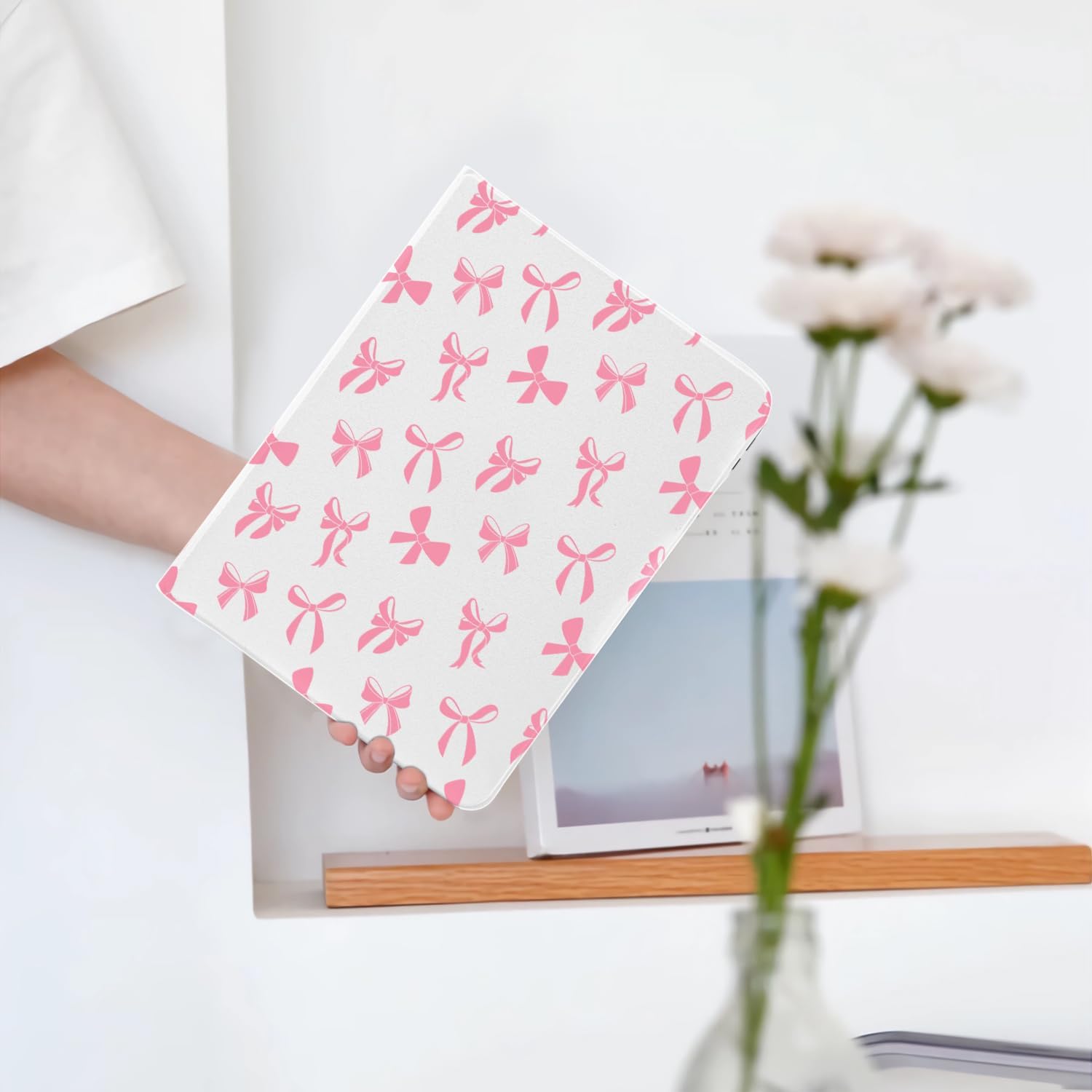 Cute Kawaii Pink Bow for iPad Air 13 Inch Case M3 2025/M2 2024/iPad Pro 12.9 Inch Case with Pencil Holder, Auto Sleep/Wake and Multiple Viewing Angles, White Leather Soft TPU Back Cover
