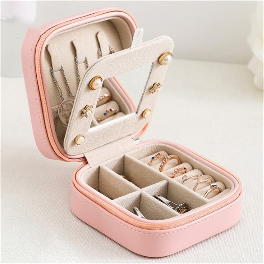 Double-Layer Womens Mini Stud Earrings Rings Jewelry Box Useful Makeup Organizer with Zipper Travel Portable Jewelry PU Box