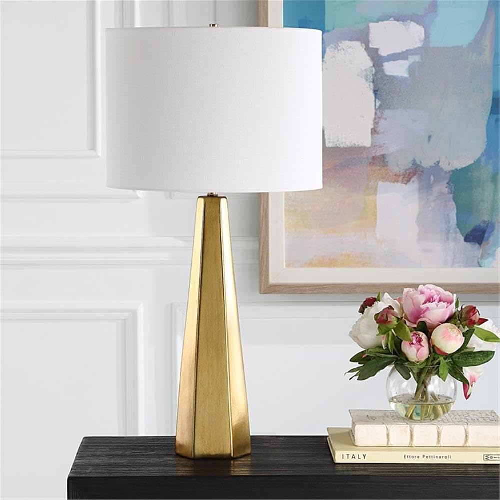 BOWERY HILL Contemporary Ceramic Table Lamp, 28" H x 14" W x 14" D, Gold Electroplating Finish, White Linen Shade, Hexagon Shape, Elegant Lighting for Living Room or Bedroom