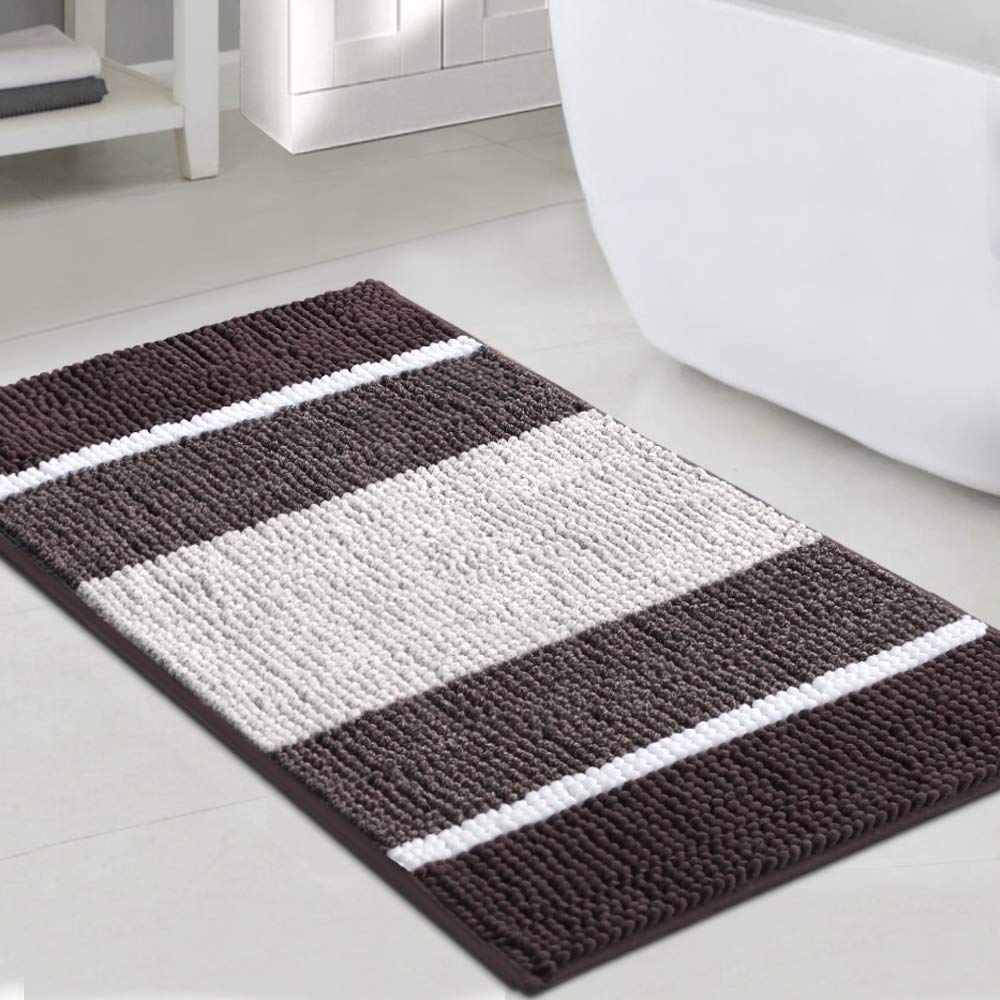 Flamingo P Luxury Chenille Plush Floor Door Mat for Kitchen Entryway, Gradient Chocolate Stripe Pattern Machine Washable Mat, Slip-Resistant Absorbent Shaggy Bath Rug for Bathroom, 24x36 inch