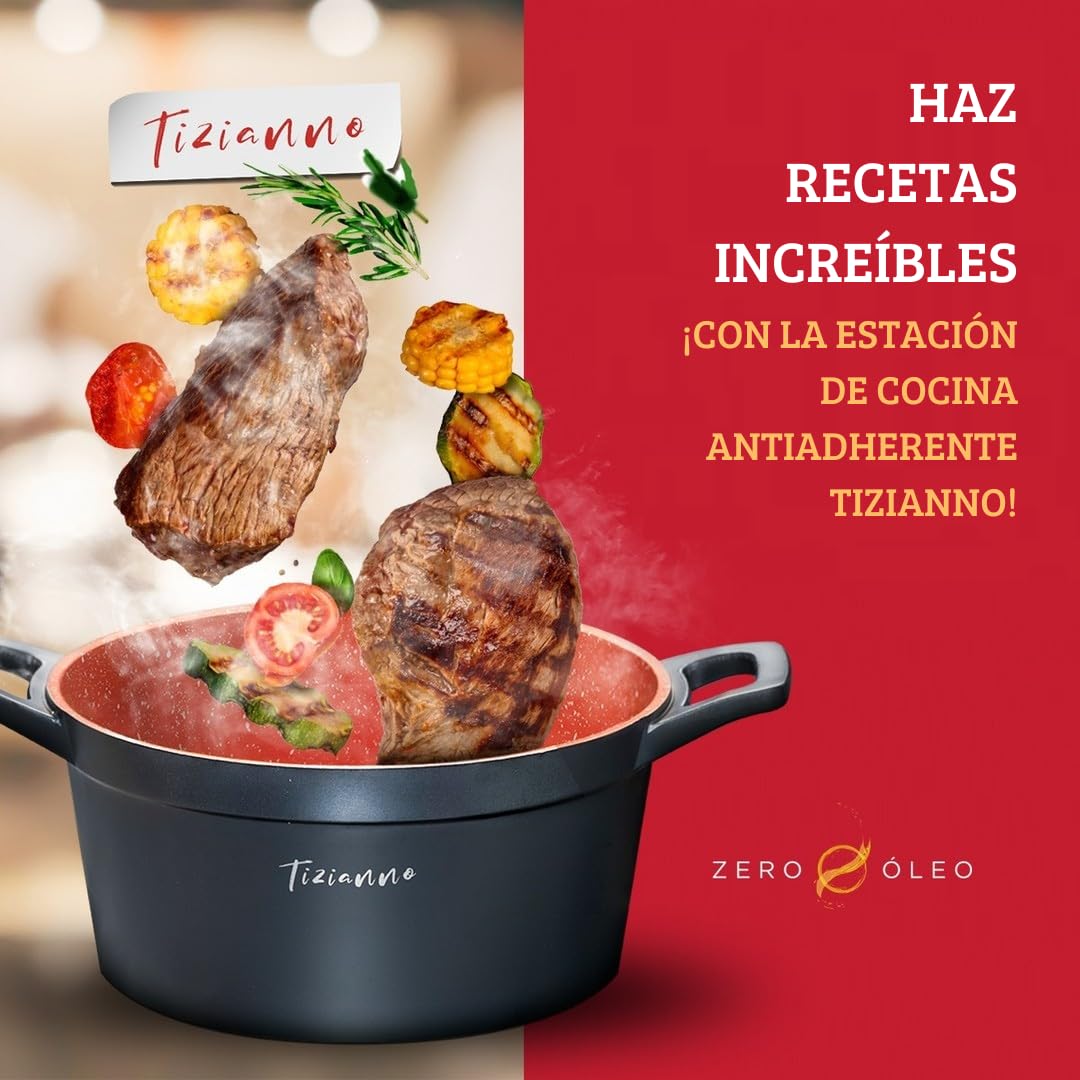 Tizianno Juego 12 Piezas Sartenes Ollas Antiadherentes Inducción Premium, Batería Cocina Saludable Aluminio 6 Capas sin PFOA, Revestimiento Granito Vitrocerámica Gas