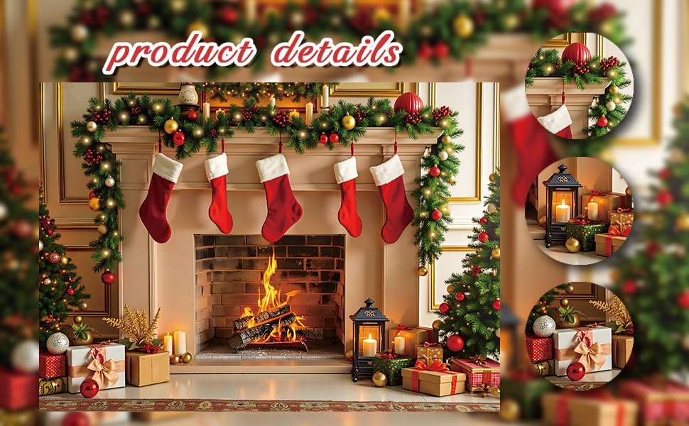 Miniatura 9 de Telón de fondo para chimenea de Navidad, Navidad, con medias de árbol de Navidad, para sala de estar, chimenea, fondo de fotografía, Nochebuena,