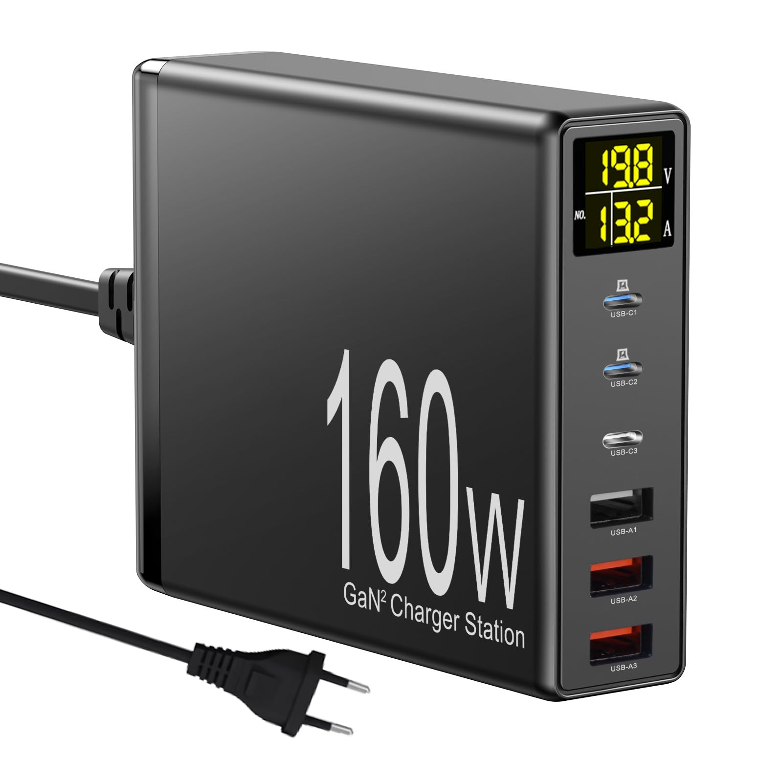 Ładowarka USB C, 160 W GaN 6-portowa stacja szybkiego ładowania z wyświetlaczem LED, zasilacz wieloportowy, pasuje do MacBook, iPada, iPhone 15/14/13/Pro/Max, Samsung, tabletu PC