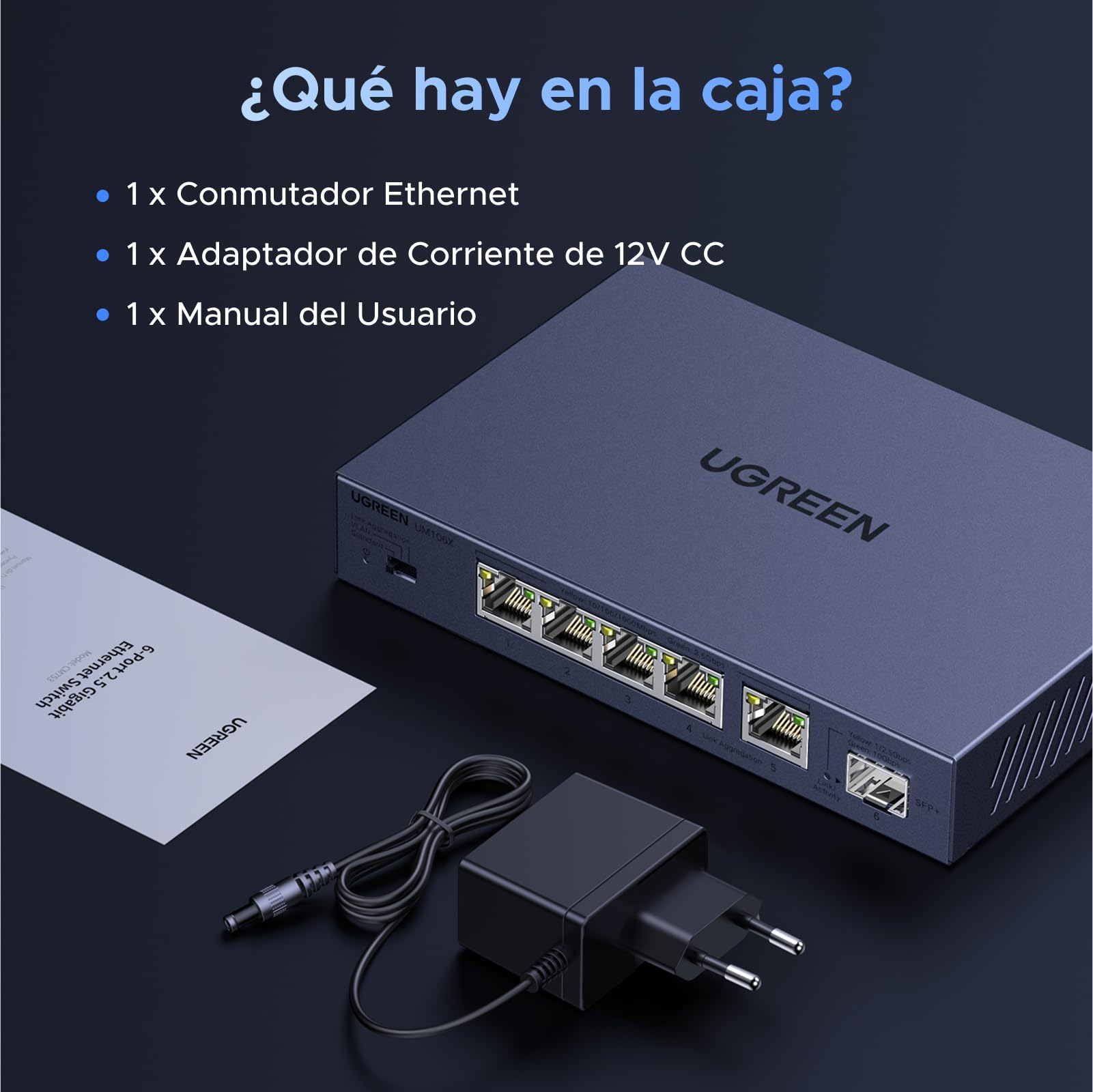 UGREEN 6 Puertos Switch Ethernet 5 Puertos Ethernet 2.5G 1 Puerto SFP+ 10G Switch RJ45 Carcasa Metal No Gestionado 4KV Multiprise RJ45 Montaje Mural para PC NAS Servidor Consola de Juegos Vídeo 4K/8K