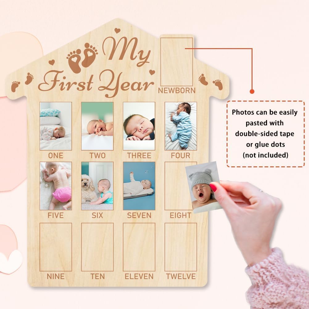 American Elm My First Year Baby Growth Photo Display Wood Board 12 Months Newborn Milestones Picture Frame - Baby Keepsake, 1st Birthday Party Nursery Decor 4