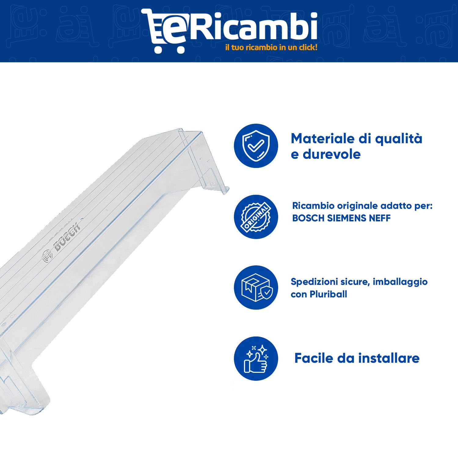 ERICAMBI® Mensola Balconcino Portabottiglie Inferiore per Frigorifero, Compatibile con Bosch Siemens Neff Balay, Dimensioni: 458x100x120 (mm) per Modelli: 3KFE KDN KGE KGN KGV