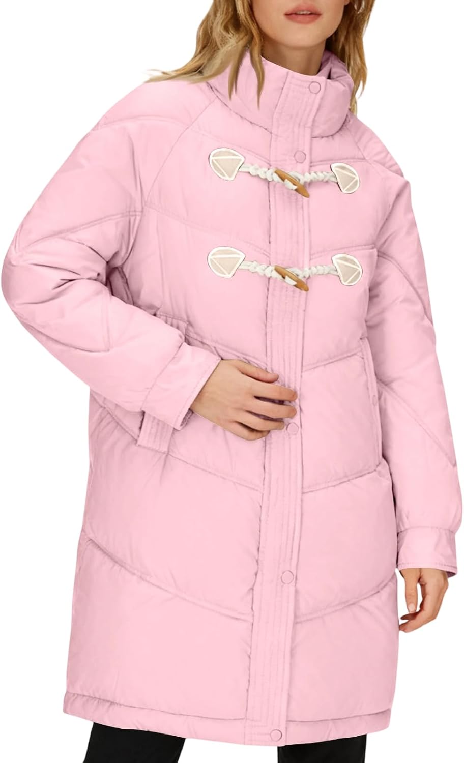 Long Winter Coats for Women Stand Collar Down Jacket Solid Color Horn Button Classic Outerwear