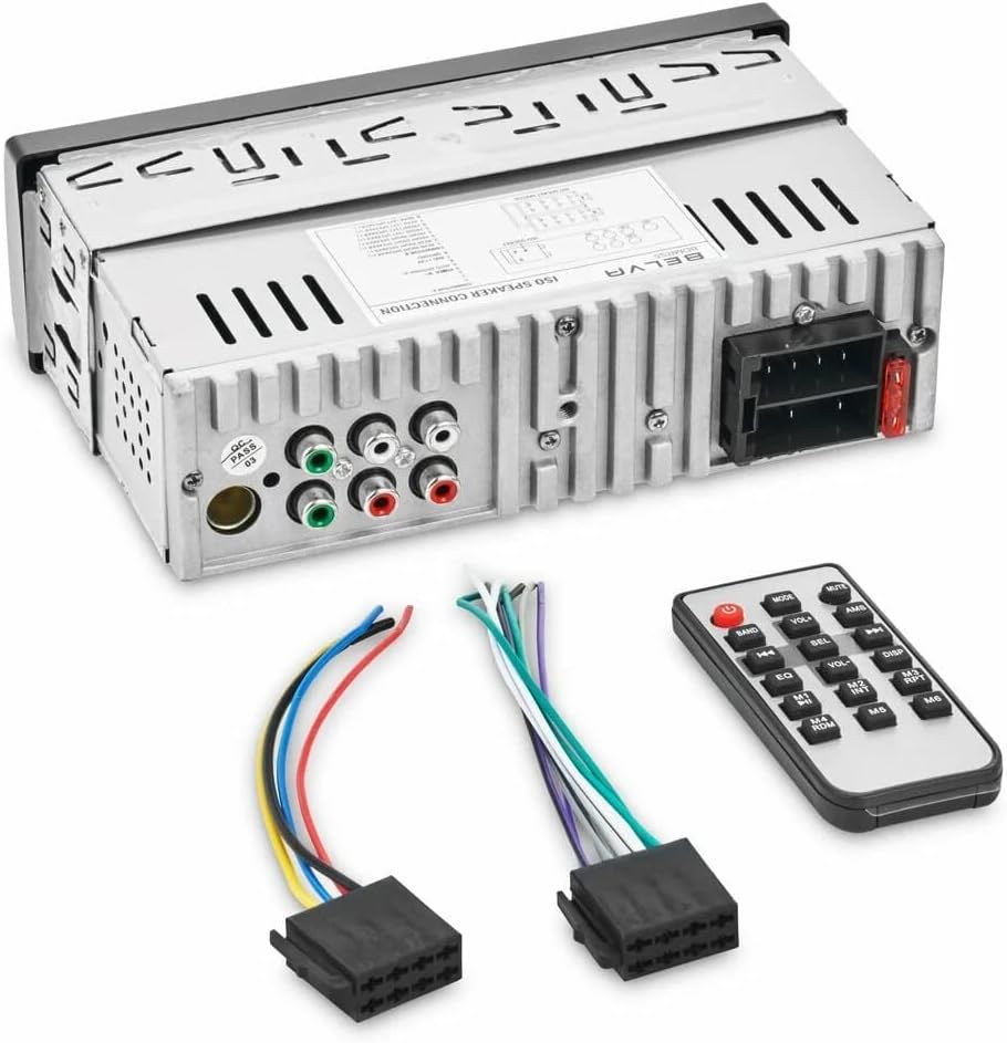 BELVA BDMRS5 Car Stereo rear view with included wire harnesses and remote control