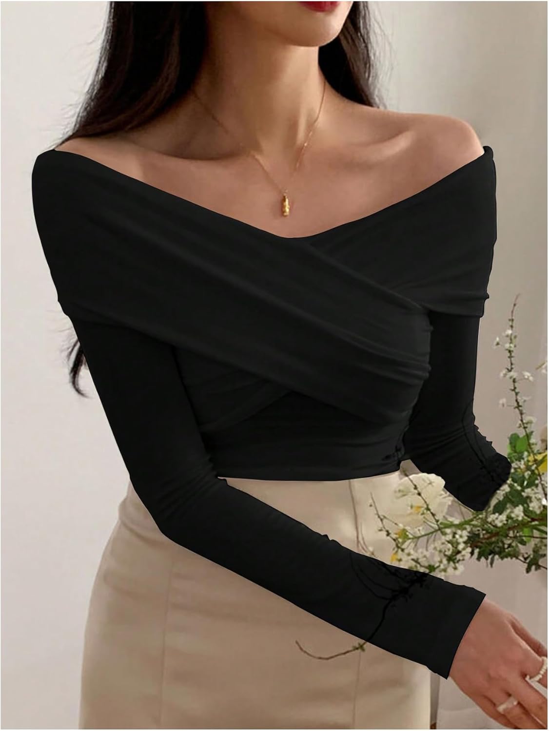 SweatyRocks Women's Off The Shoulder Long Sleeve Tops Criss Cross Wrap Ruched Fitted T Shirts - Image 3