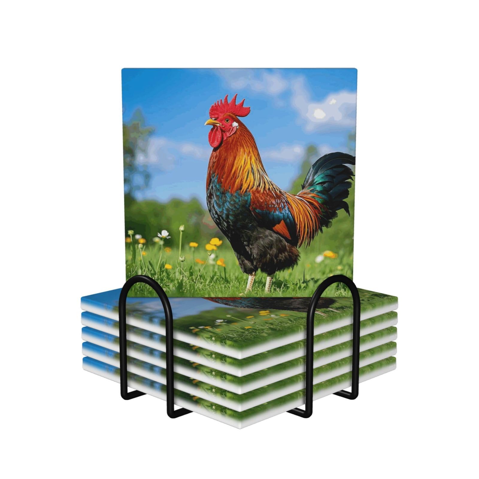 6Pcs Ceramics Coaster for Drinks, Rooster Cup Coasters with Holder, Aesthetic Drink Coasters for Coffee Table, Absorbent Round Coaster for Tabletop Protection 4" Cup Mat Pad