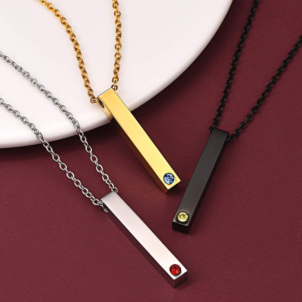 FaithHeart Personalized Vertical Bar Necklace, Men Women Stainless Steel/18K Gold Plated Custom Jewelry, Birthstone Name Bar Pendant for Couples/Family
