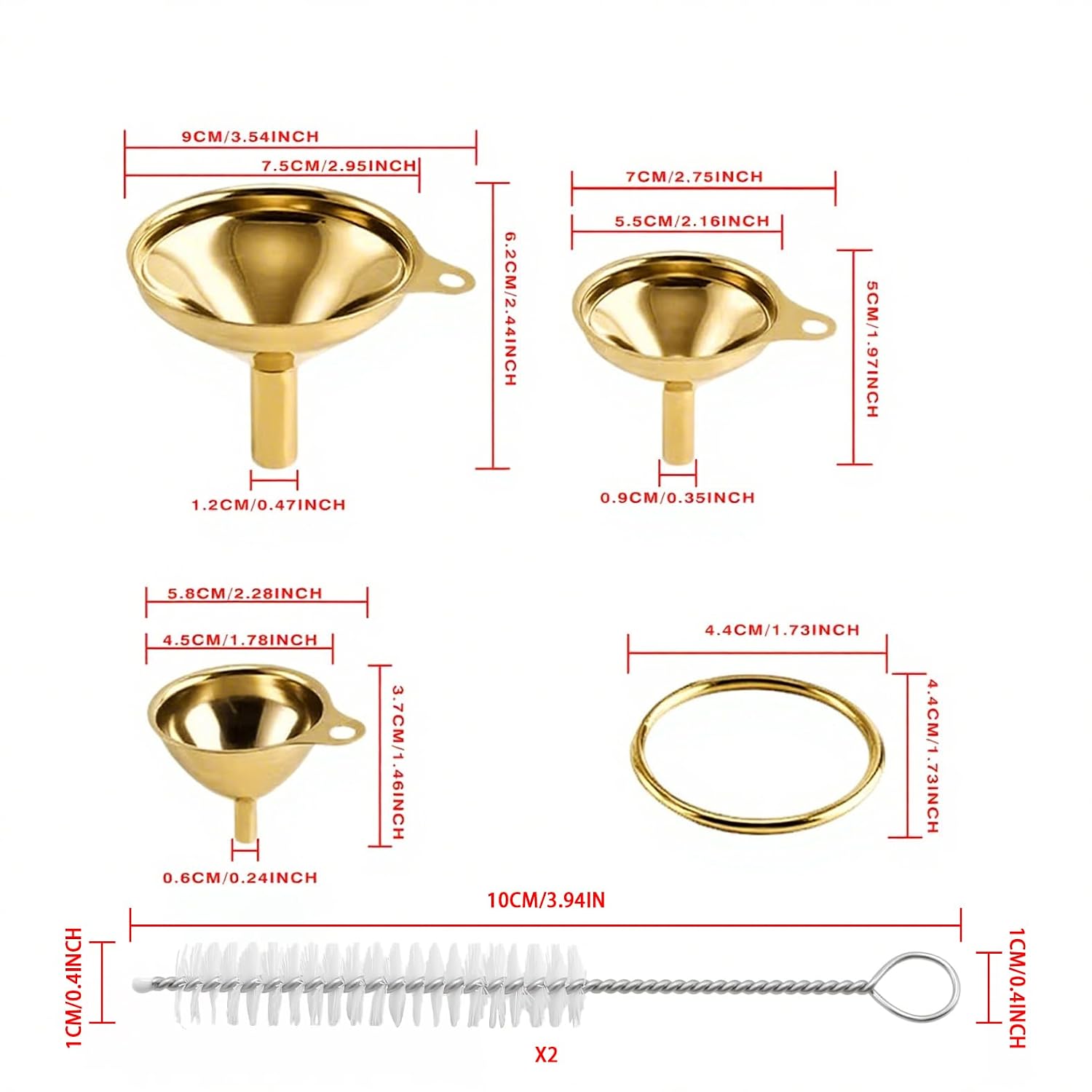 Gold Stainless Steel Funnel Set of 3 Sizes with 2 Cleaning Brush