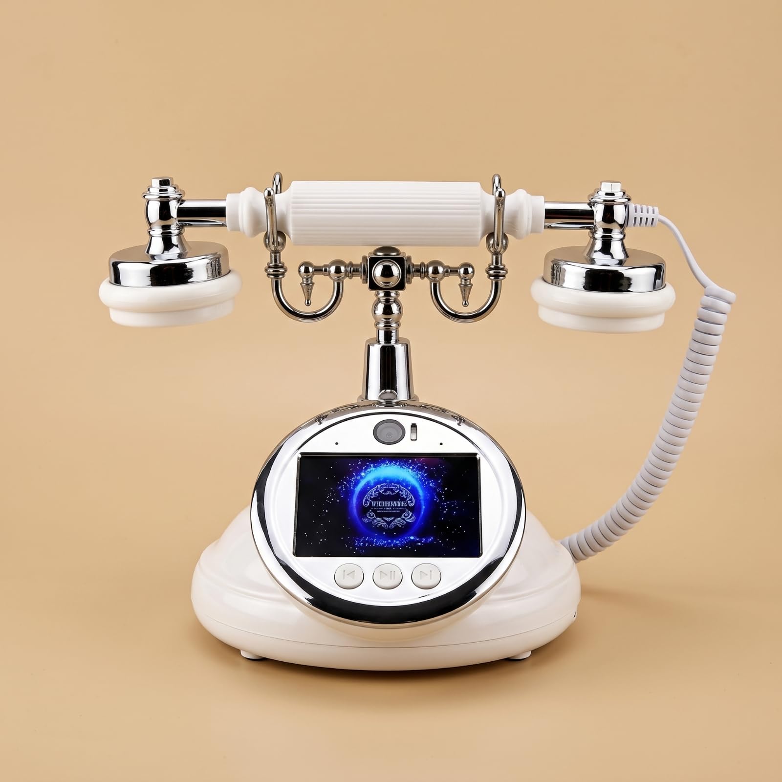 Téléphone Vidéo Livre d'Or Invité Terminal Écran Métal Forme Classique de Bureau Boutons Ronds Sous l'Écran Souvenirs Vidéo Durables Adapté aux Mariages Réceptions Célébrations Familiales , Blanc