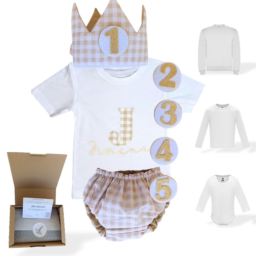Genérico - Conjunto Cumpleaños 1 año Personalizado - Camiseta con nombre Bebé - Regalo primer cumpleaños - Smash Cake - Corona cumpleaños