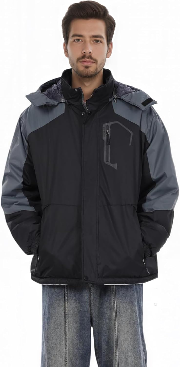 Men's Waterproof Ski Winter Jacket with Detachable Hood, (S-4XL), Warm Windproof Snow Coat for Skiing & Snowboarding