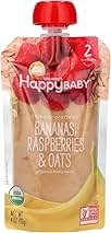 Happy Baby Organics Stage 2 Baby Food Pouches, Gluten Free, Vegan & Healthy Snack, Clearly Crafted Fruit & Veggie Puree, Bananas, Raspberries & Oats, 4 Ounces (Pack of 1)