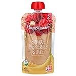 Happy Baby Organics Stage 2 Baby Food Pouches, Gluten Free, Vegan & Healthy Snack, Clearly Crafted Fruit & Veggie Puree, Bananas, Raspberries & Oats, 4 Ounces (Pack of 1)