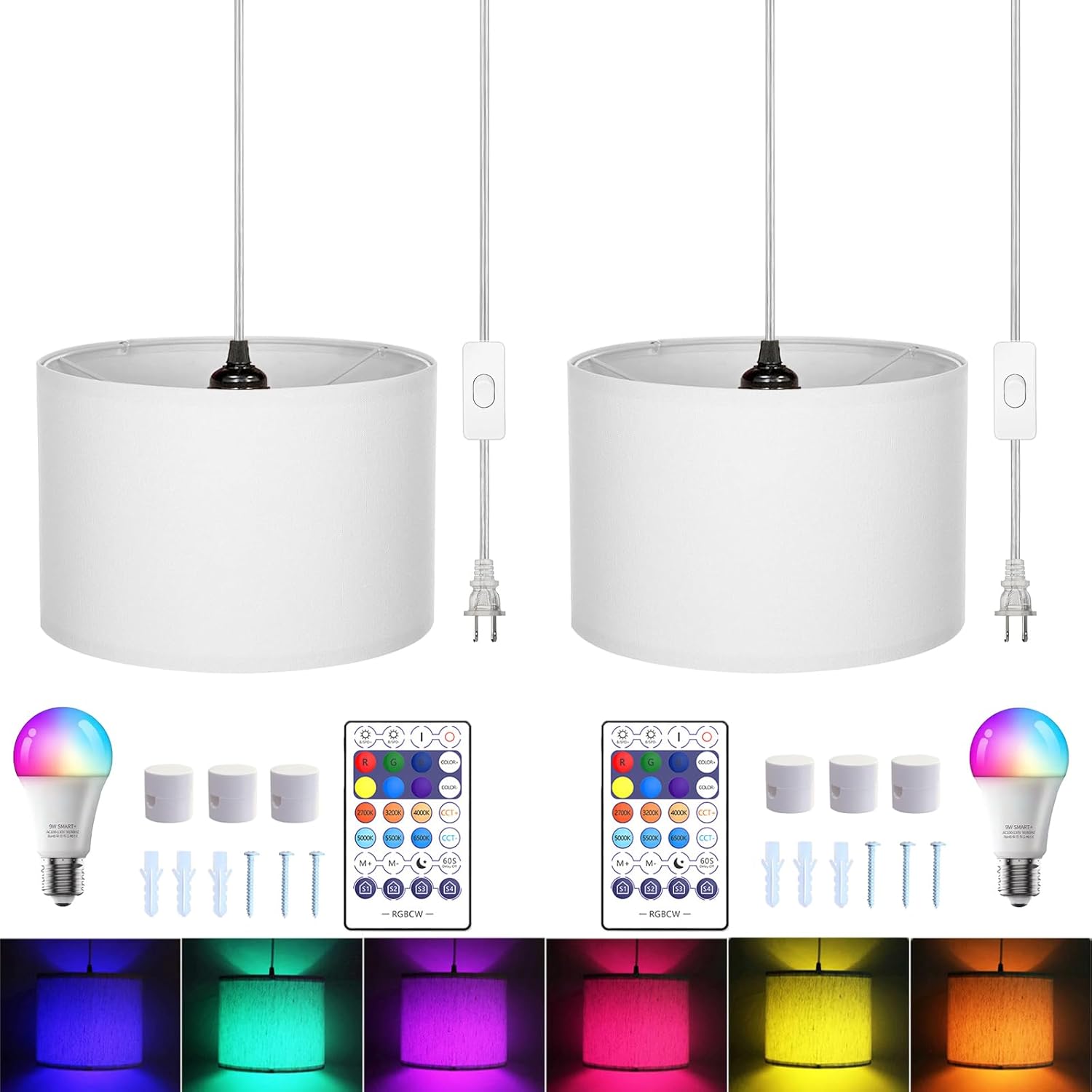 15FT Plug in Pendant Light with Switch,Hanging Lamp with Plug in Cord, Hanging Light Pendant Lamp with Remote Control，Pendant Light Fixture for Living Room Bedroom Farmhouse (White x2)