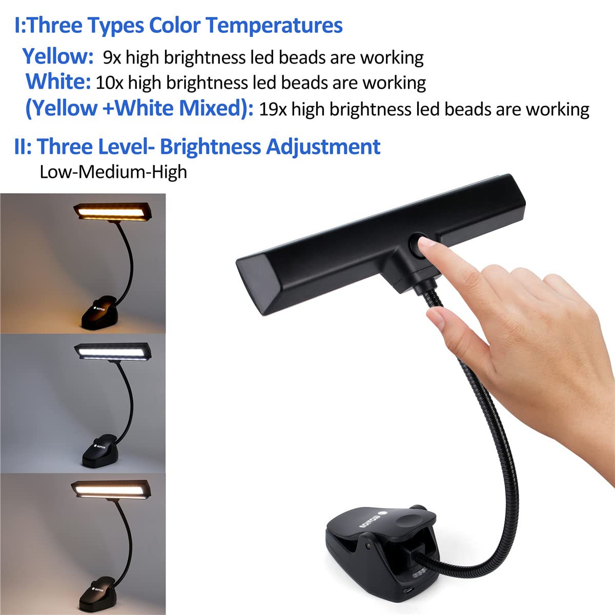 Rechargeable Music Stand Light, 19 LEDs Clip On Reading Light - 3 Level Brightness Settings, 3 Color Temperature Optional (Warm/Cool White/Natural Light Color), Perfect for Piano, Reading, Sewing